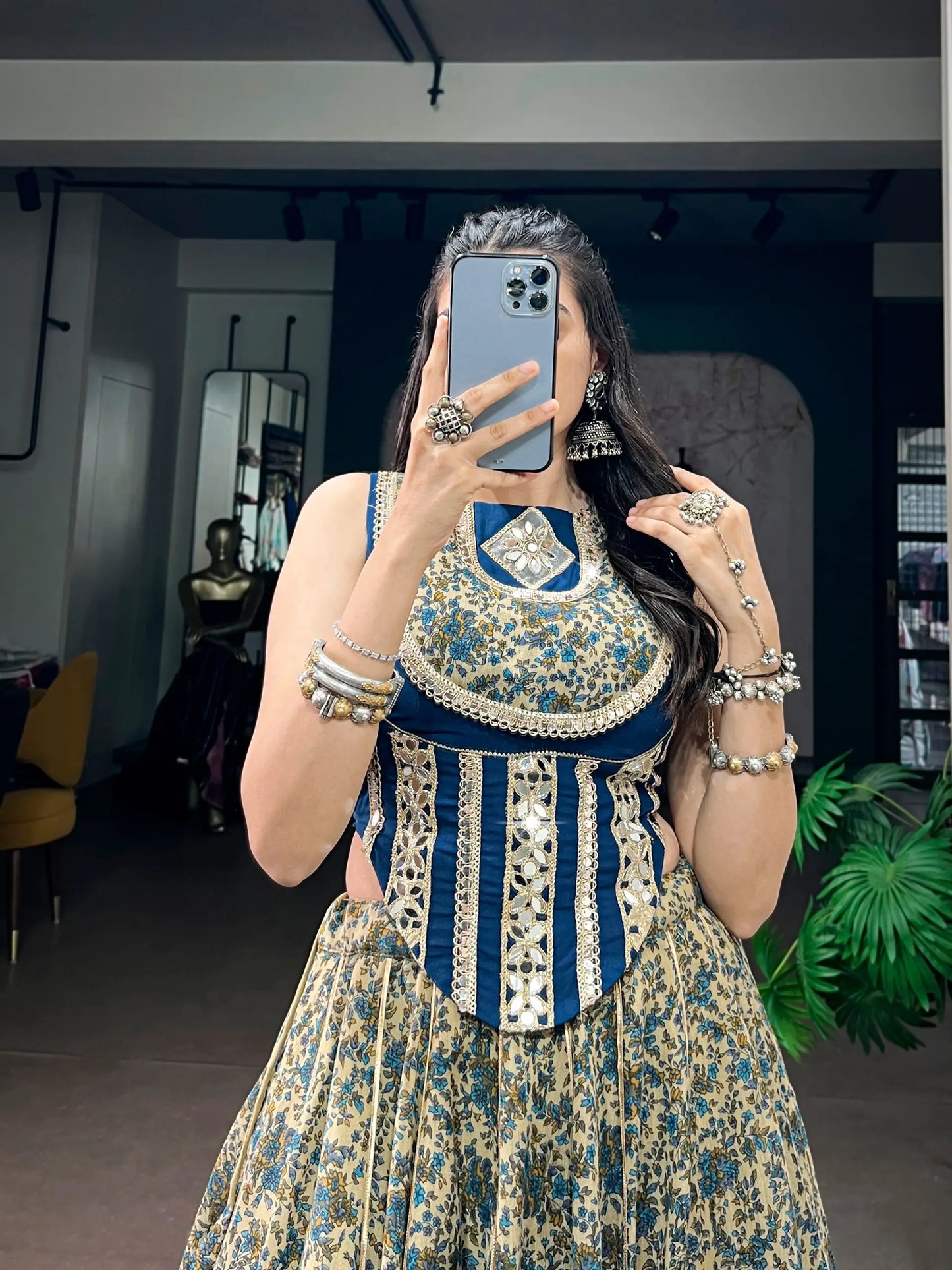 Navy Blue Garba Chaniya Choli With Print & Lace Touch Up