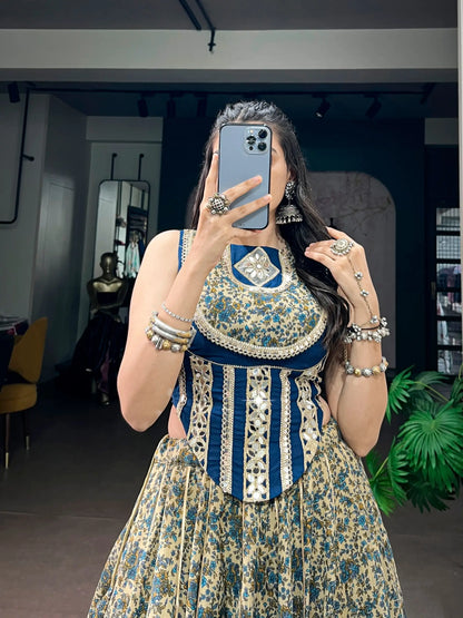 Navy Blue Garba Chaniya Choli With Print & Lace Touch Up