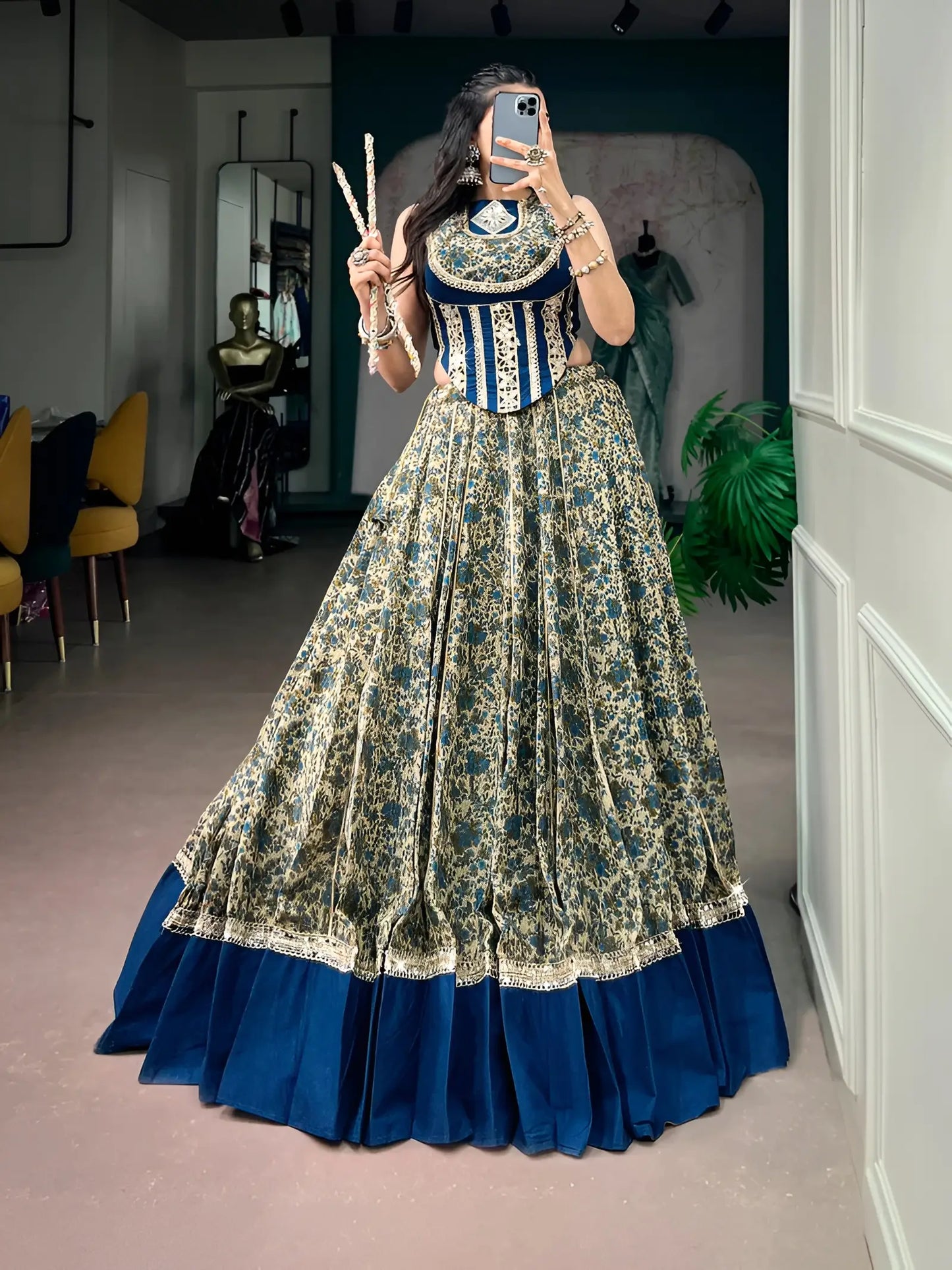 Navy Blue Garba Chaniya Choli With Print & Lace Touch Up