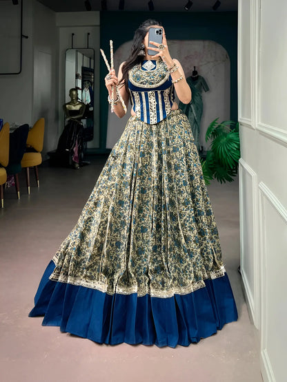 Navy Blue Garba Chaniya Choli With Print & Lace Touch Up