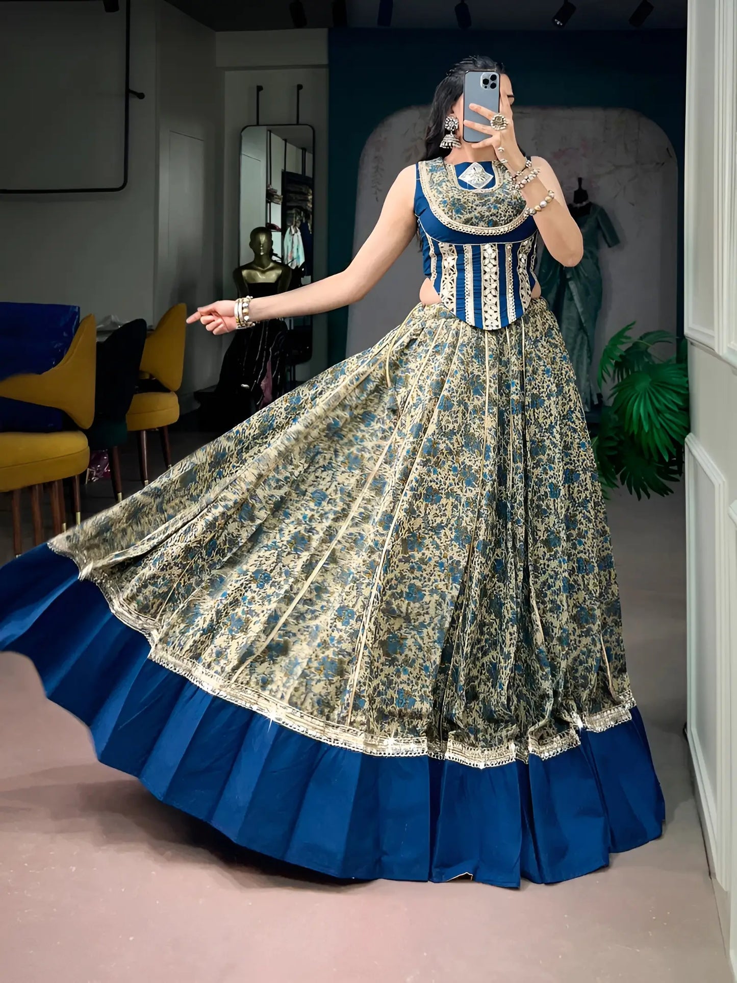 Navy Blue Garba Chaniya Choli With Print & Lace Touch Up