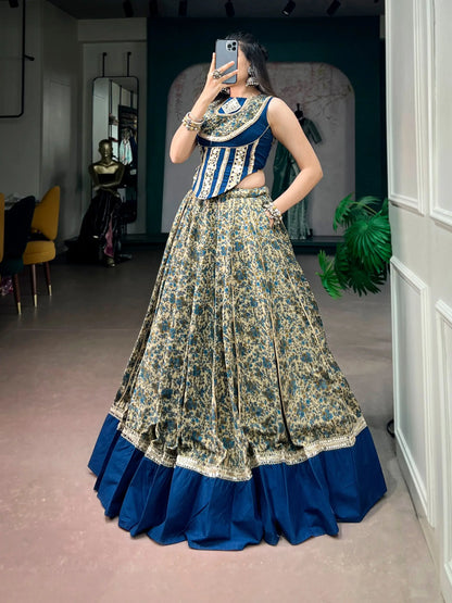 Navy Blue Garba Chaniya Choli With Print & Lace Touch Up