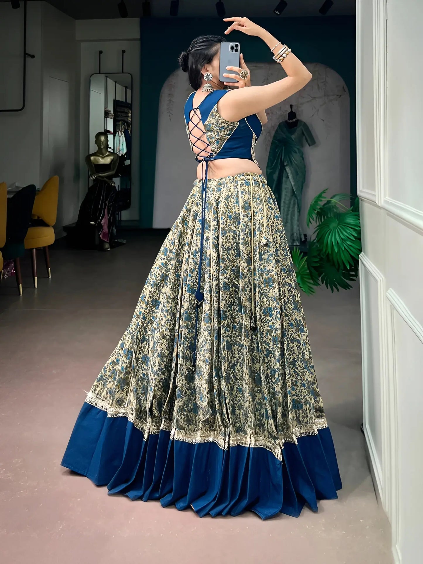 Navy Blue Garba Chaniya Choli With Print & Lace Touch Up