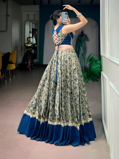 Navy Blue Garba Chaniya Choli With Print & Lace Touch Up