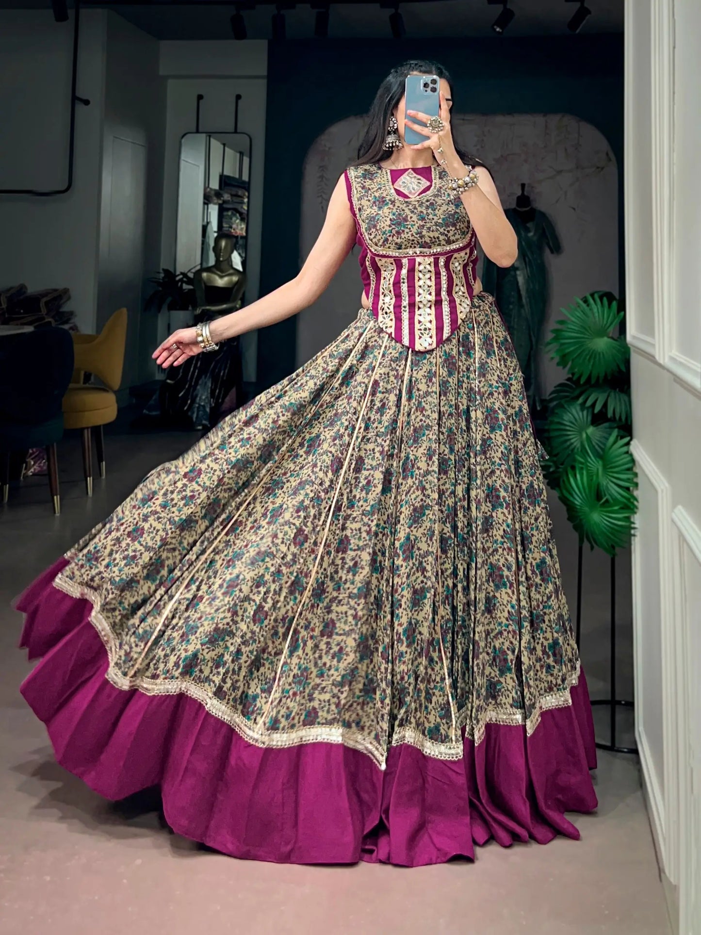 Wine Garba Chaniya Choli With Print & Lace Touch Up