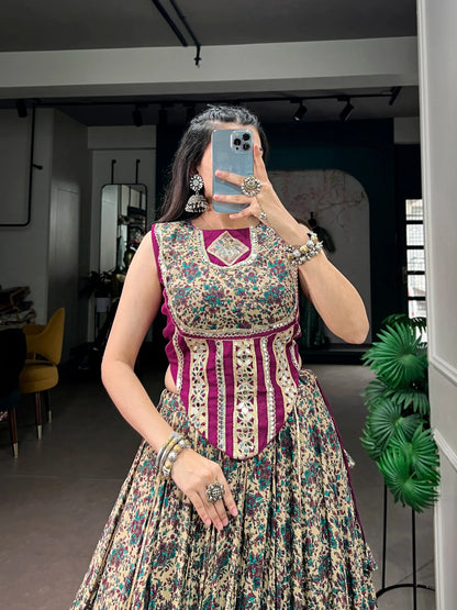 Wine Garba Chaniya Choli With Print & Lace Touch Up