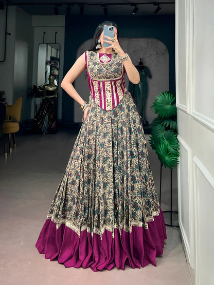 Wine Garba Chaniya Choli With Print & Lace Touch Up
