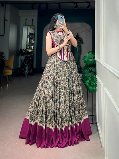 Wine Garba Chaniya Choli With Print & Lace Touch Up