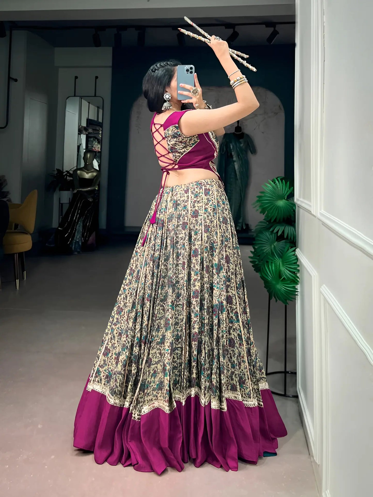 Wine Garba Chaniya Choli With Print & Lace Touch Up