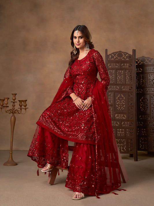 Red Net Embroidery Work Sharara Set
