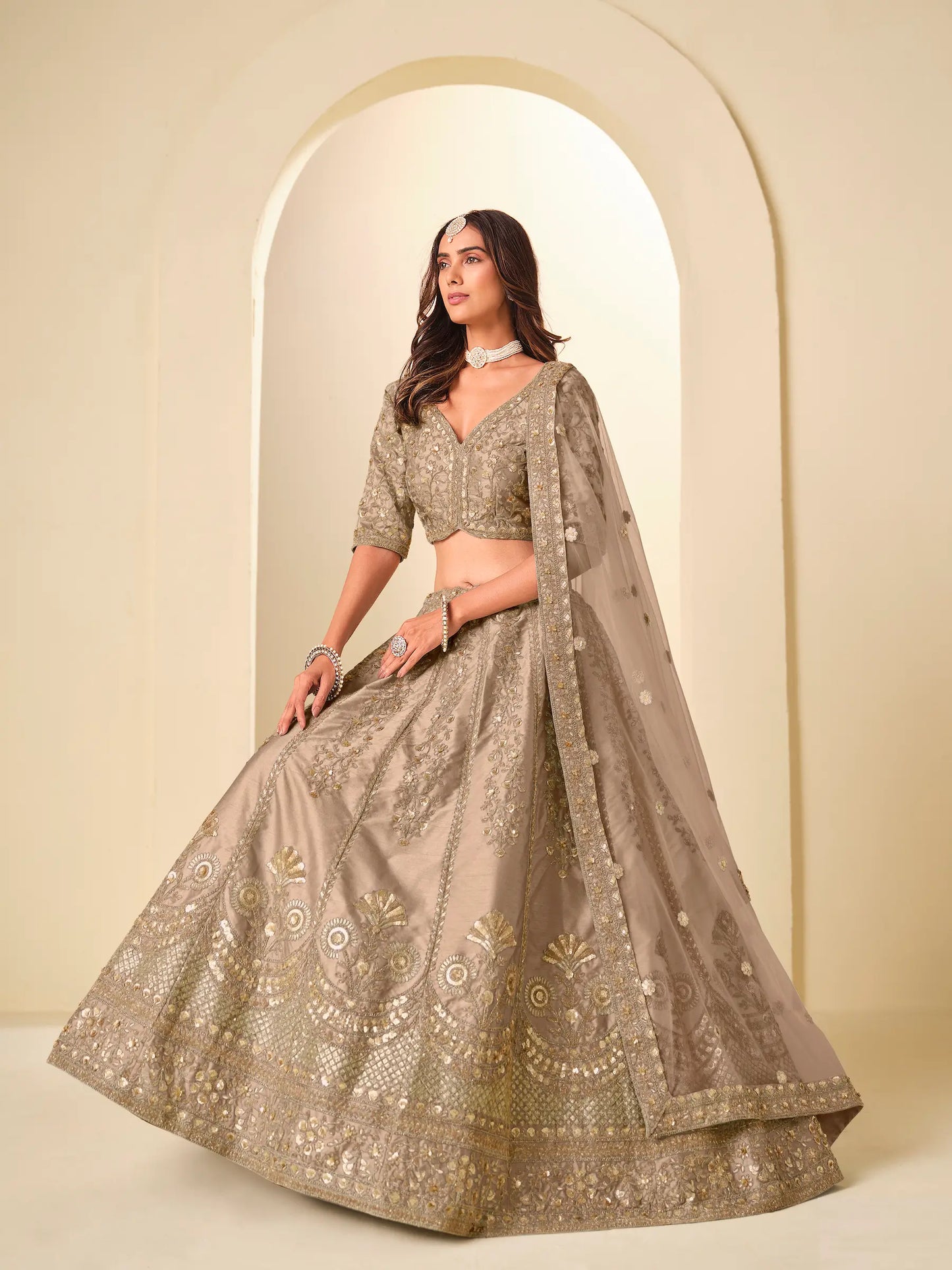 Sand Brown Art Silk Embroidered Lehenga Choli