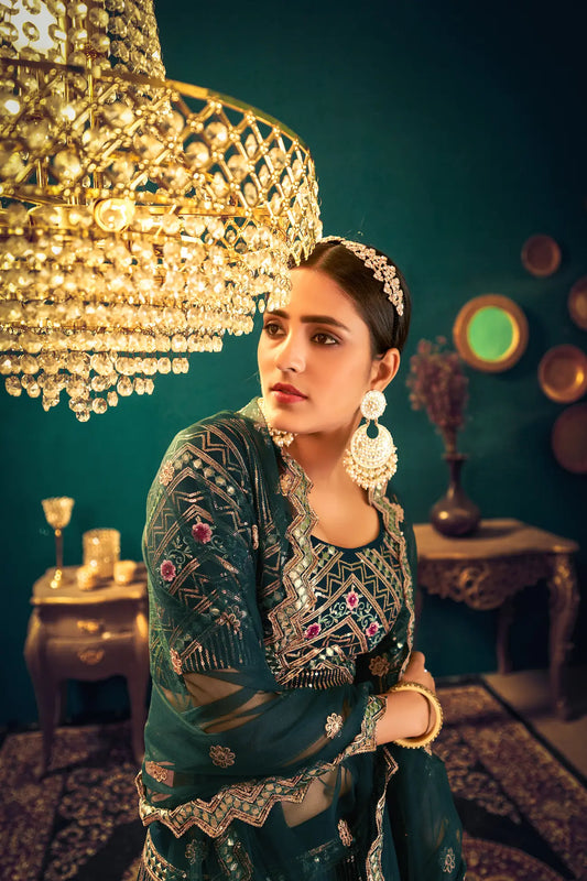 Dark Green Georgette Thread, Sequence & Gota Patti Embroidered Work Lehenga Choli