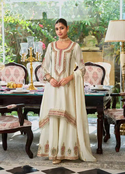 White Chinon Embroidered Salwar Suit
