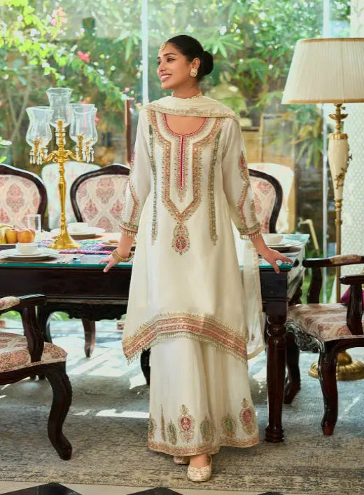 White Chinon Embroidered Salwar Suit