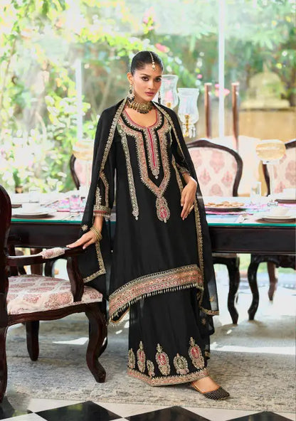 Black Chinon Embroidered Salwar Suit