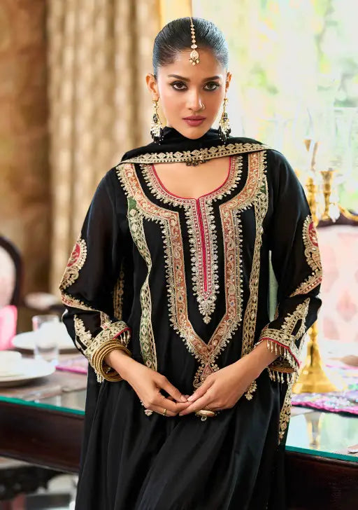 Black Chinon Embroidered Salwar Suit
