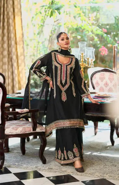 Black Chinon Embroidered Salwar Suit