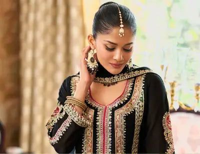 Black Chinon Embroidered Salwar Suit