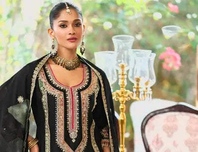Black Chinon Embroidered Salwar Suit