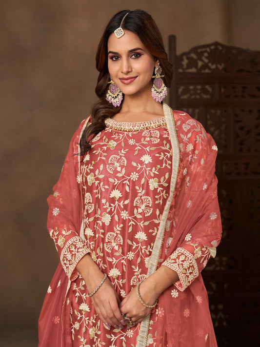 Pastel Red Net Embroidery Palazzo Suit