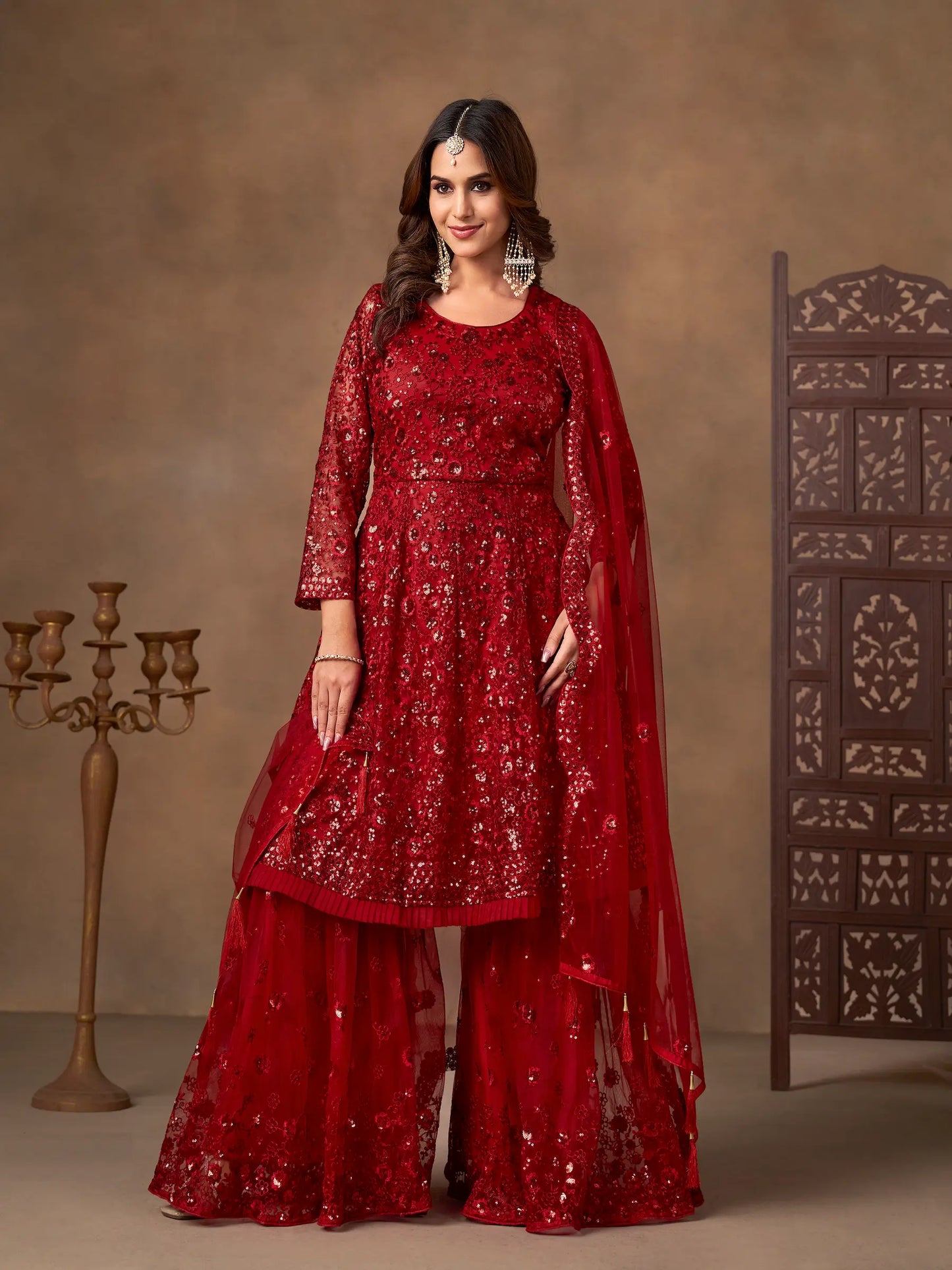 Red Net Embroidery Work Sharara Set
