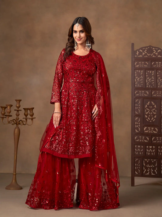 Red Net Embroidery Work Sharara Set