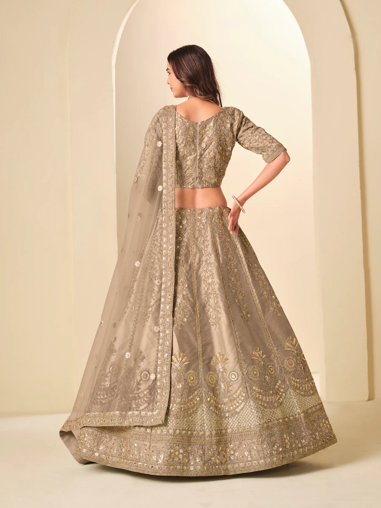 Sand Brown Art Silk Embroidered Lehenga Choli