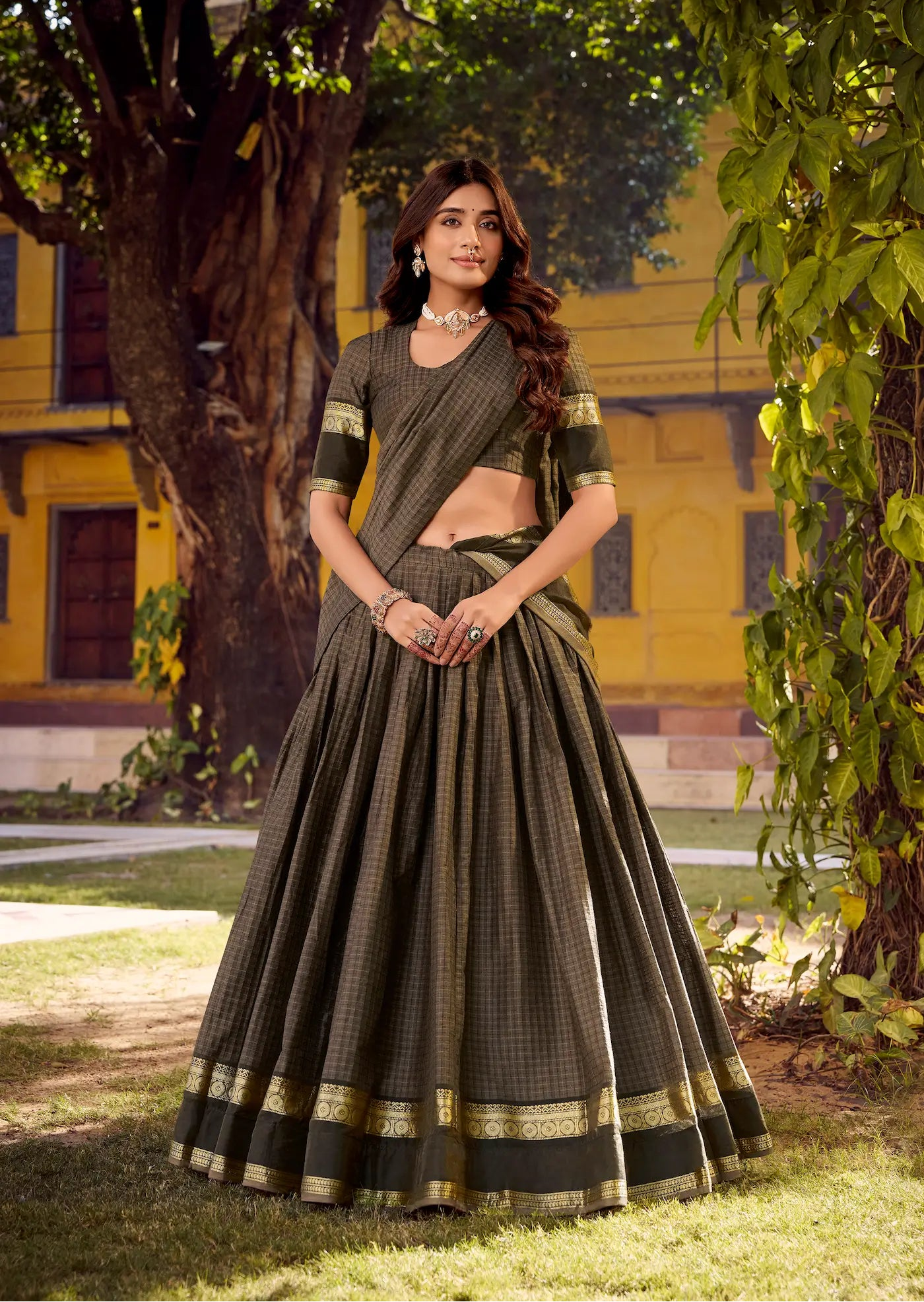 Dark Grey Zari Weaving Cotton Lehenga choli