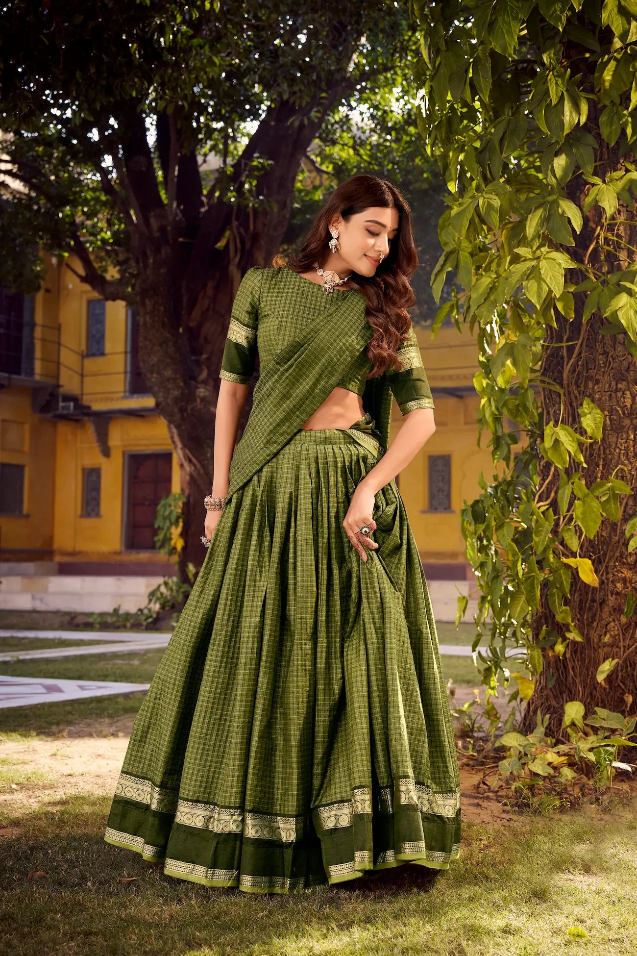 Olive Green Zari Weaving Cotton Lehenga choli