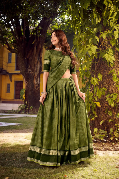 Olive Green Zari Weaving Cotton Lehenga choli
