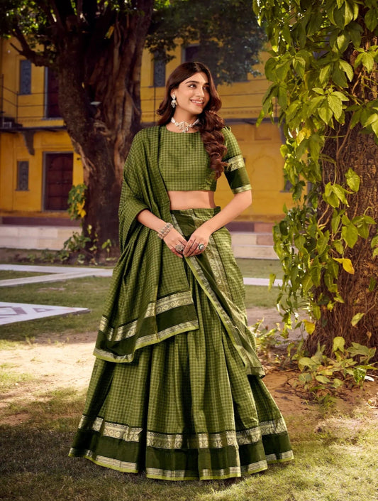Olive Green Zari Weaving Cotton Lehenga choli