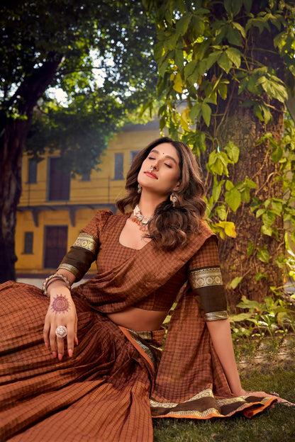 Rust Orange Zari Weaving Cotton Lehenga choli