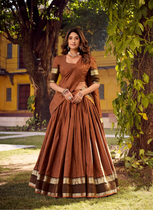 Rust Orange Zari Weaving Cotton Lehenga choli
