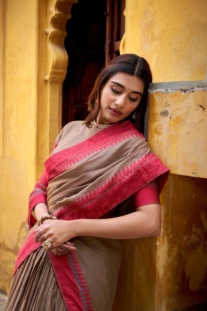 Dark Beige Chanderi Thread Work Lehenga Choli