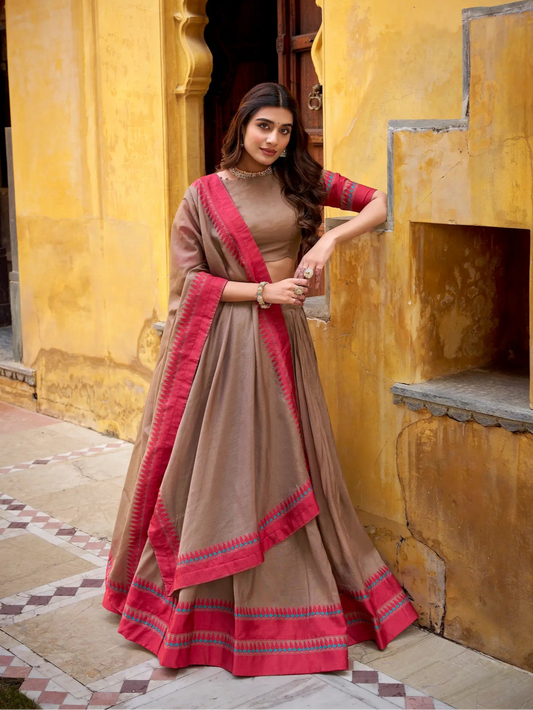 Dark Beige Chanderi Thread Work Lehenga Choli