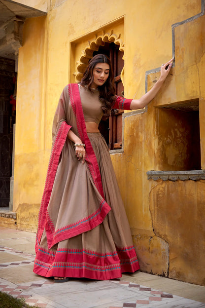 Dark Beige Chanderi Thread Work Lehenga Choli