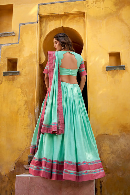 Sea Blue Chanderi Thread Work Lehenga Choli