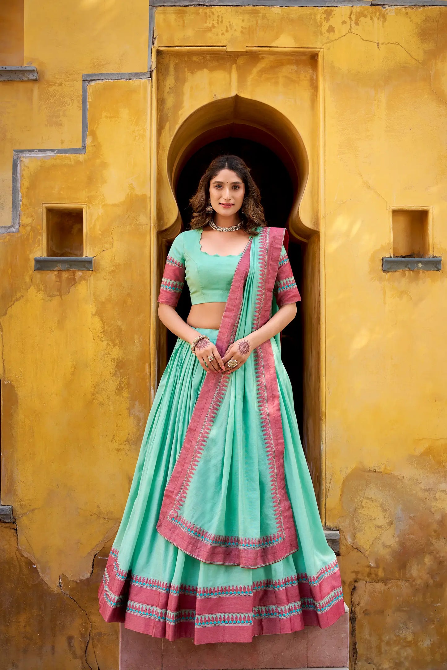 Sea Blue Chanderi Thread Work Lehenga Choli