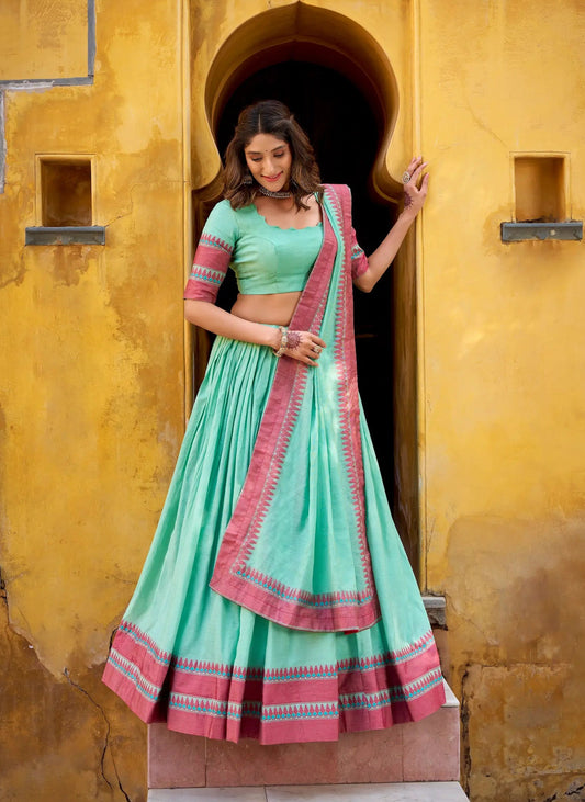 Sea Blue Chanderi Thread Work Lehenga Choli