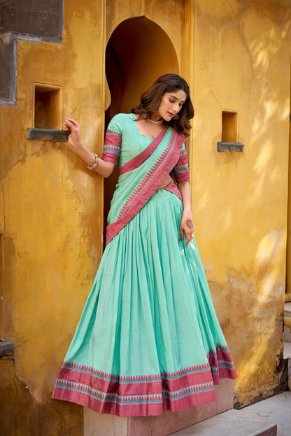 Sea Blue Chanderi Thread Work Lehenga Choli