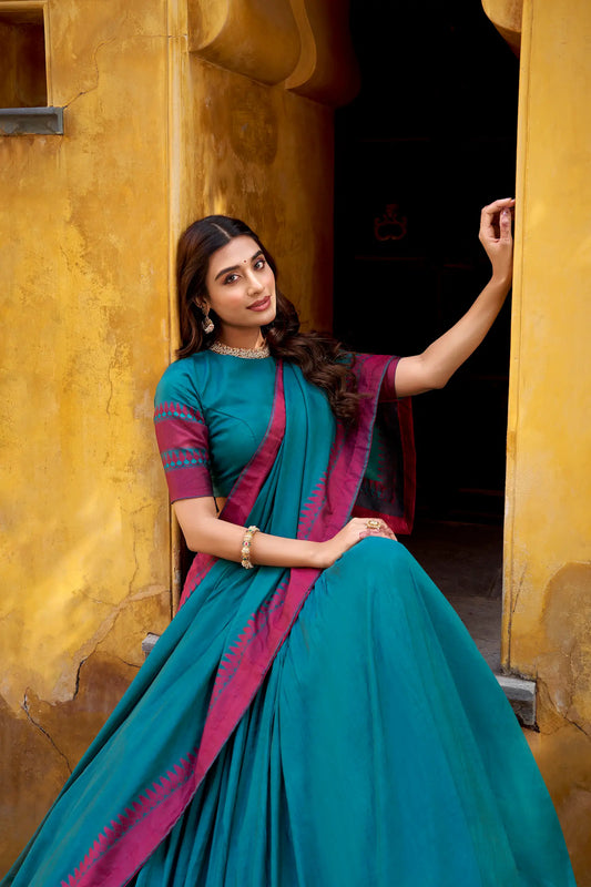 Teal Blue Chanderi Thread Work Lehenga Choli