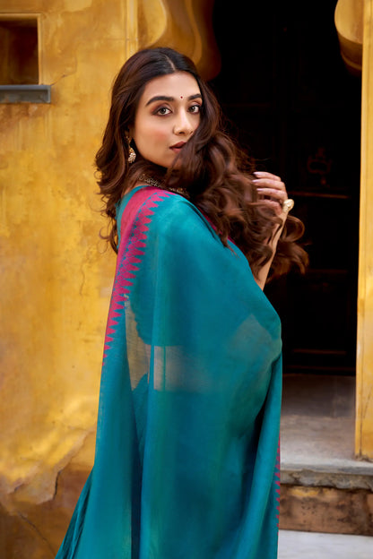 Teal Blue Chanderi Thread Work Lehenga Choli