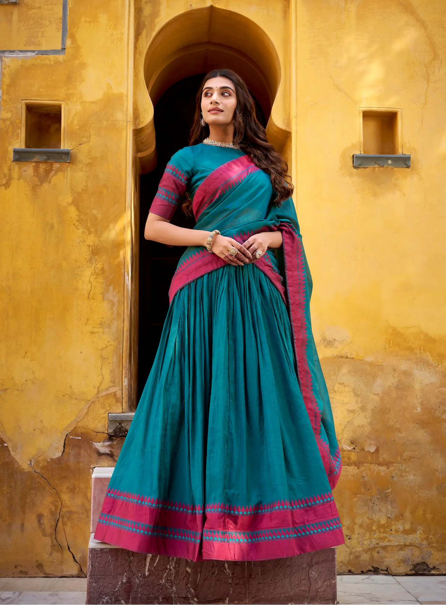 Teal Blue Chanderi Thread Work Lehenga Choli