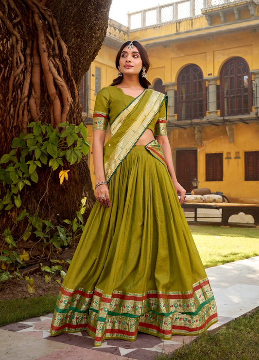 Mehendi Green Chanderi Zari Weaving Lehenga choli