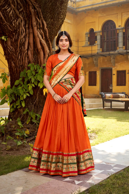 Bright Orange Chanderi Zari Weaving Lehenga choli