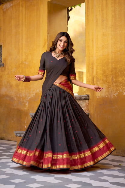 Ebony Black Chanderi Zari Weaving Lehenga Choli