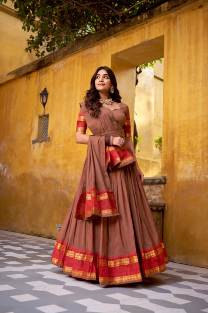 Bear Brown Chanderi Zari Weaving Lehenga Choli