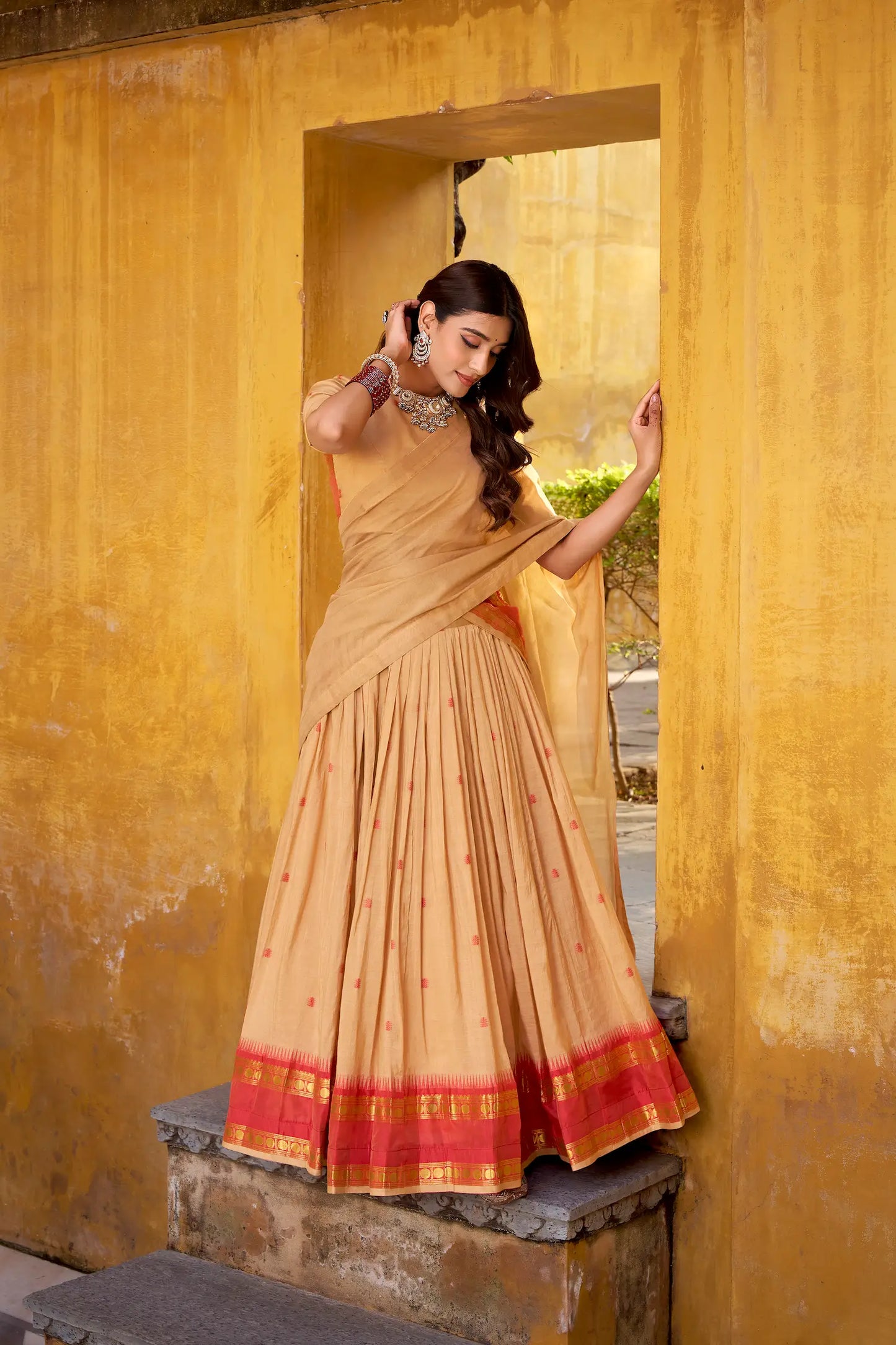 Dark Beige Chanderi Zari Weaving Lehenga Choli