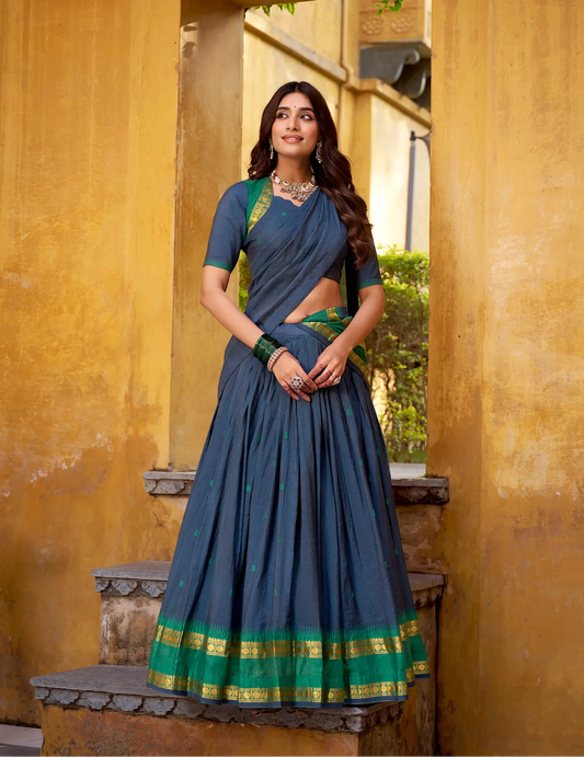 Navy Blue Blue Chanderi Zari Weaving Lehenga Choli