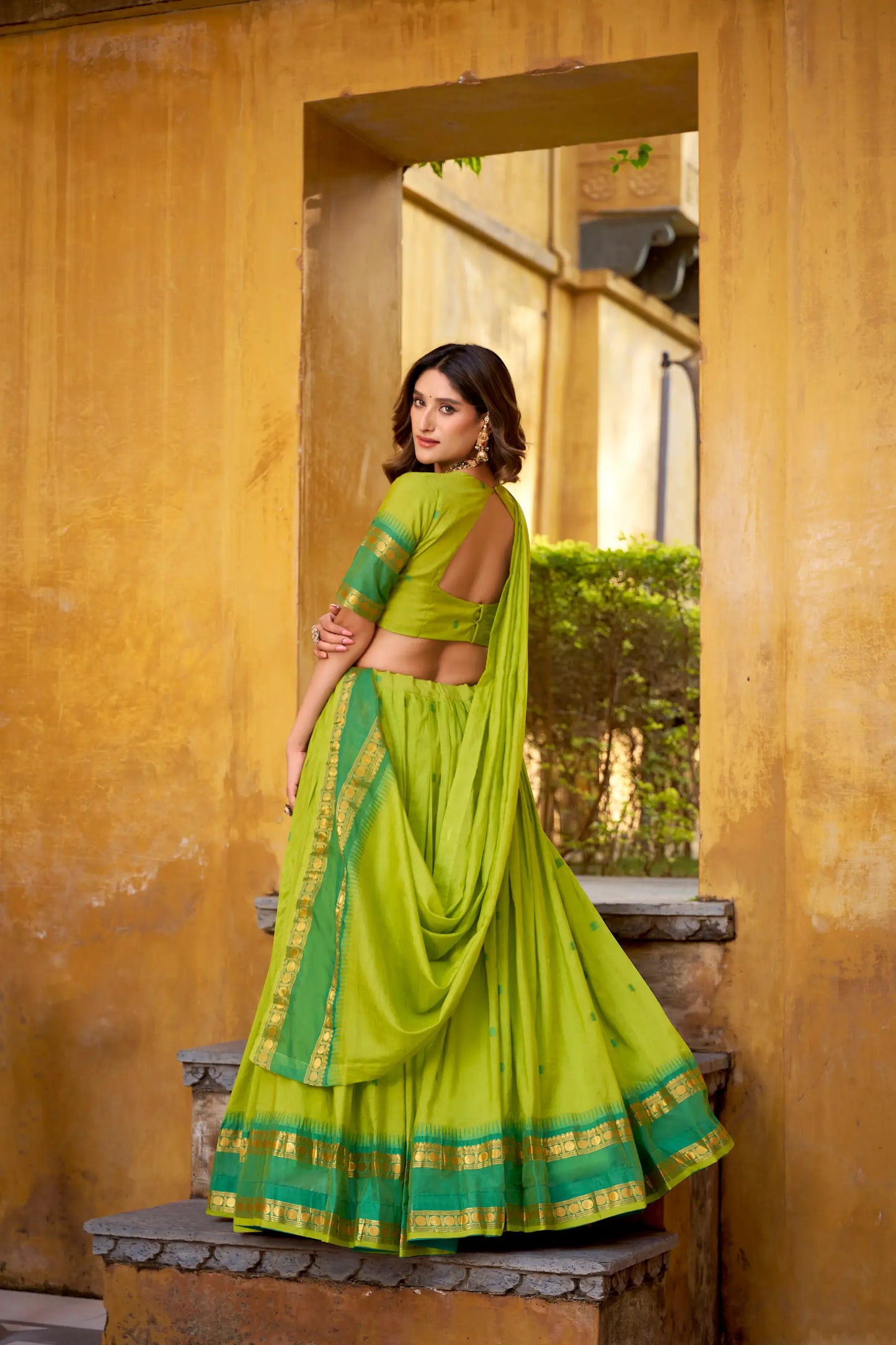 Parrot Green Chanderi Zari Weaving Lehenga Choli